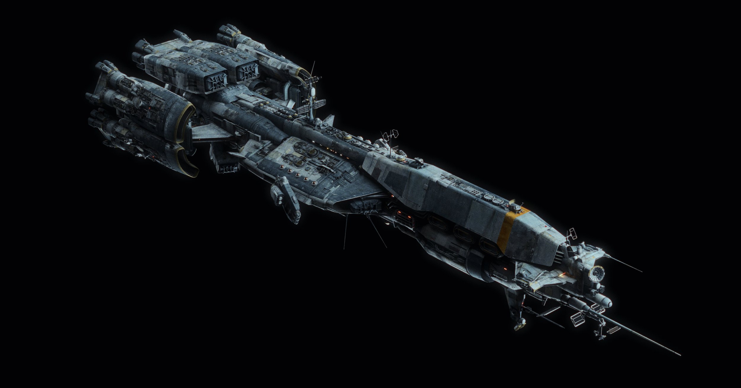 a detailed 3d rendering of a large, grey spaceship against a black background. the spaceship has a long, cylindrical body with multiple engines and antennas. the surface of the spaceship appears weathered or worn, adding to its scifi aesthetic. the image is highly detailed, showing intricate features of the vessel. the lighting is dramatic, highlighting the texture and details of the spacecraft.