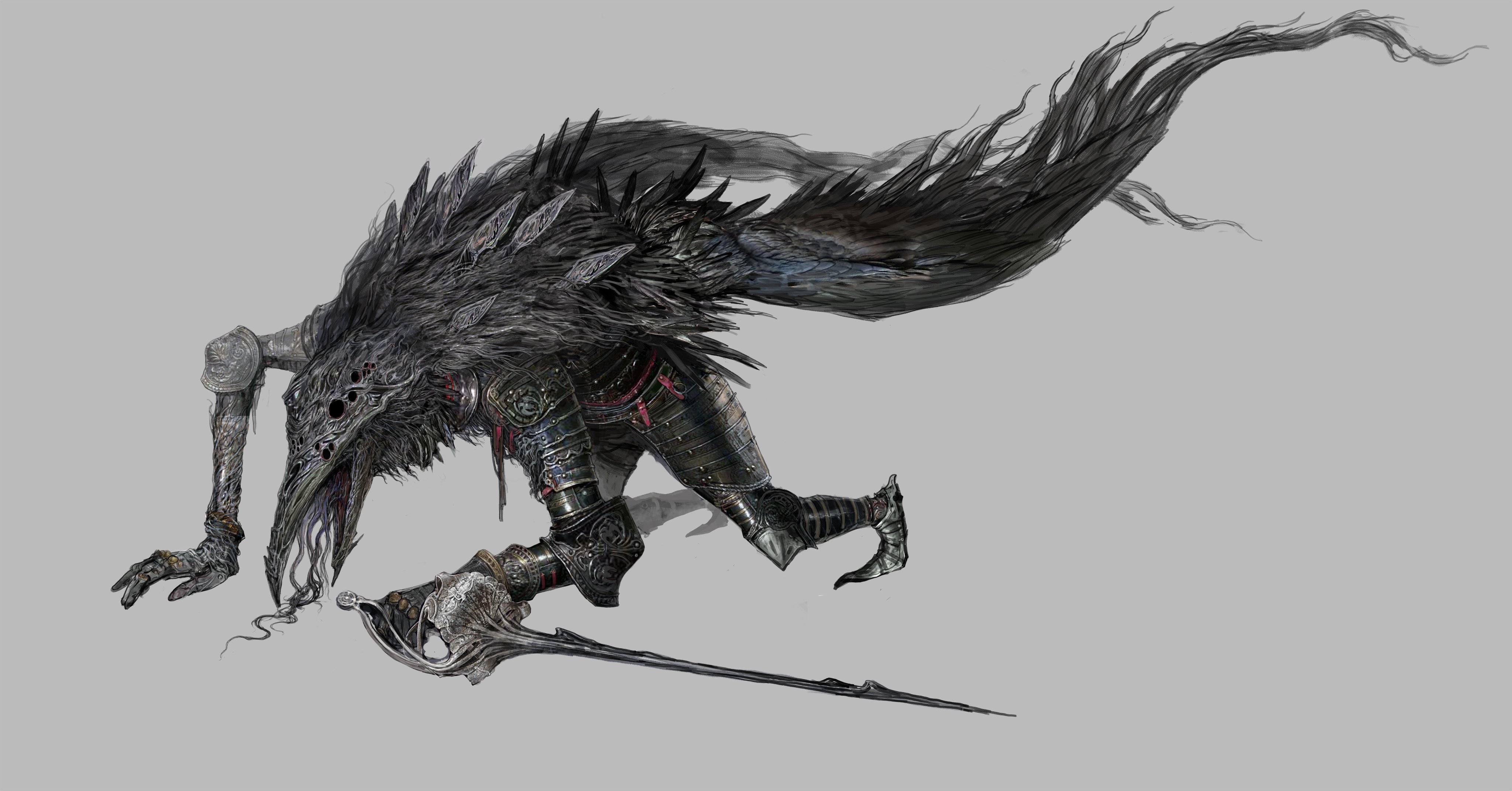 a crowlike humanoid creature with long black feathers. it has the head and feet of a crow and the body of a knight. it is wearing dark armor and has a sword in its hand.