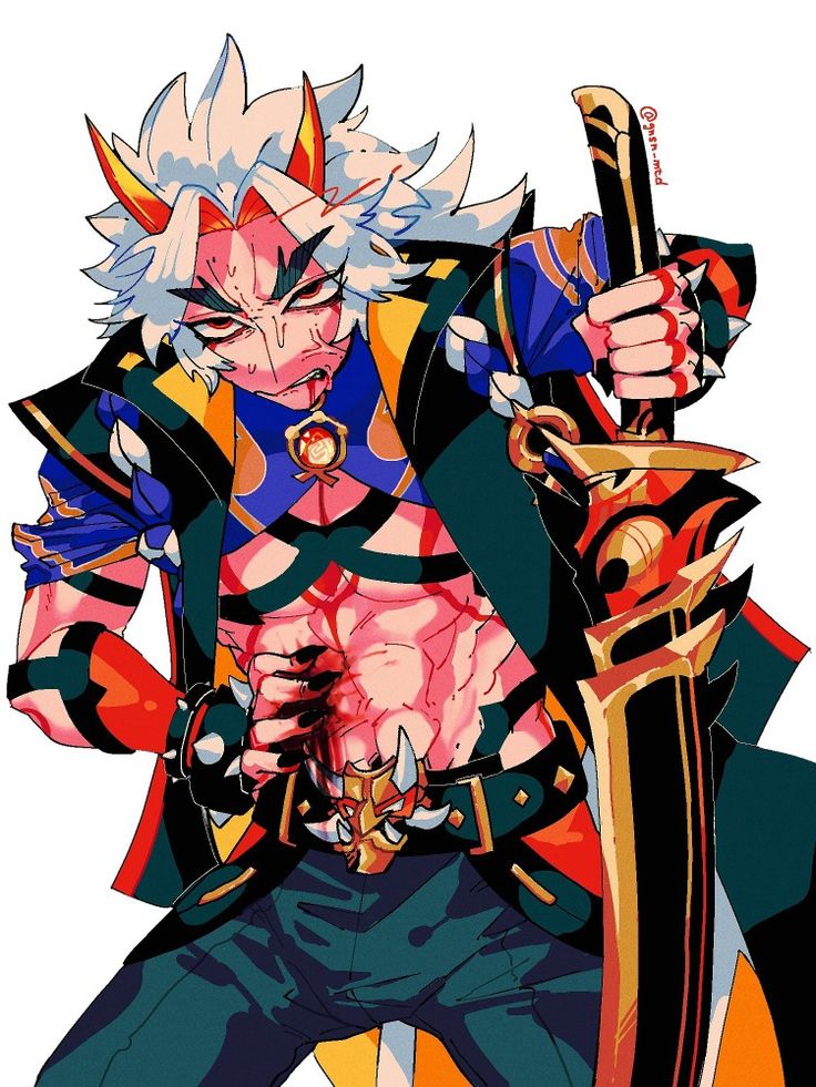 he image is a vibrant and stylized digital painting or illustration of an animestyle male character, possibly an oni or demon, who is heavily injured. he has white and red hair styled with horns, a fierce expression, and is clad in a colorful outfit that combines aspects of traditional japanese clothing with more modern elements. he is holding a large, ornate sword and his abdomen is bloody, suggesting a recent battle. the art style is dynamic and expressive, emphasizing the character's power and aggression while incorporating intense colors and shadows to create a dramatic atmosphere. the overall impression is one of strength, pain, and fierce determination.