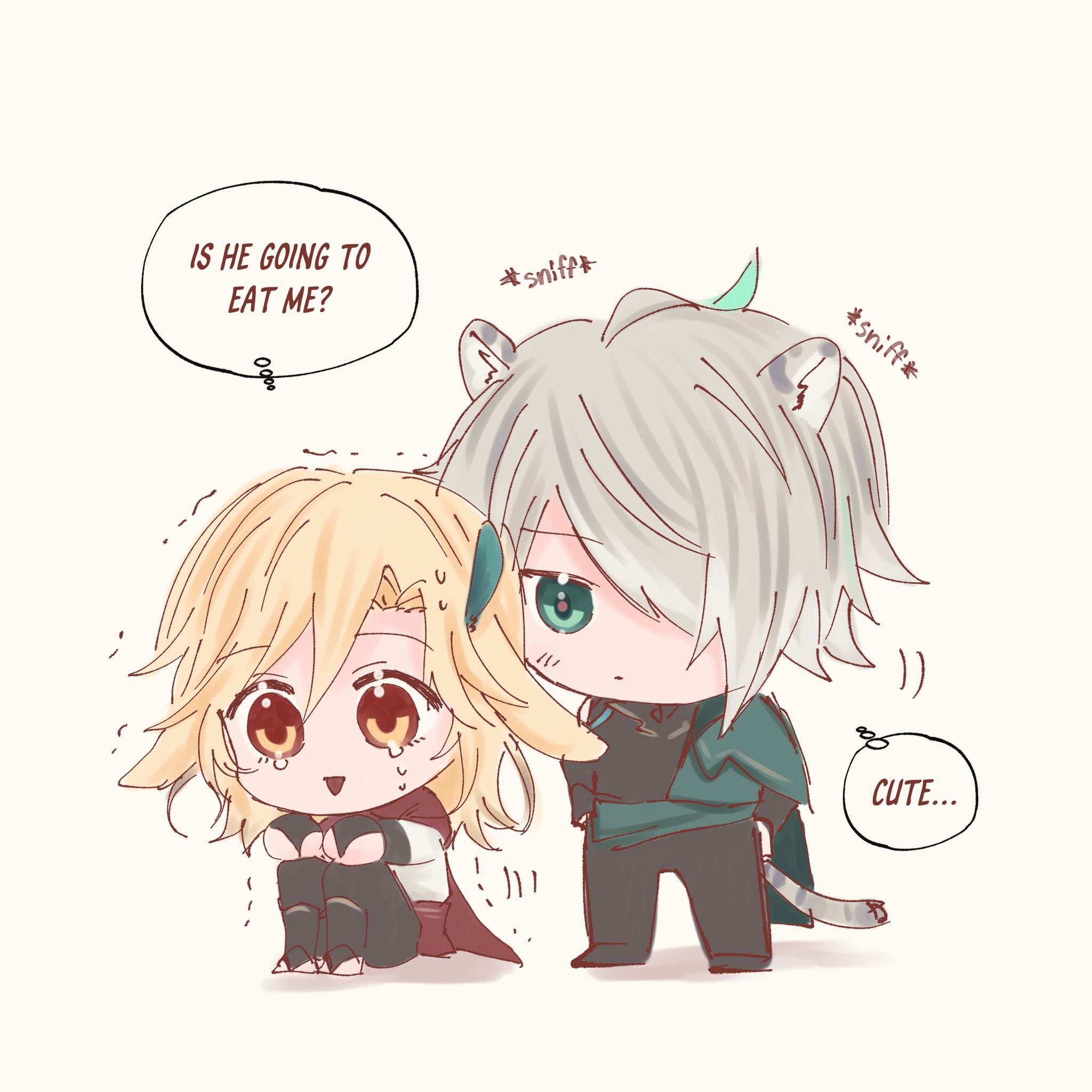 the image is a cartoon illustration of two anime characters. the girl has blond hair and is wearing a red and black outfit. she is scared and has her arms wrapped around herself. the boy has white hair and is wearing a green outfit. he has his arm wrapped around the girl. he is sniffing the girl's hair and he looks happy. the girl is looking at the boy.  there is a speech bubble above the girl that reads "is he going to eat me?"  there are two speech bubbles above the boy that say "sniff" and "sniff". the boy has a speech bubble in front of him that says "cute...".  the image is drawn in a soft style, with pastel colors. the image is filled with love and is showing a cute relationship between the two characters.
