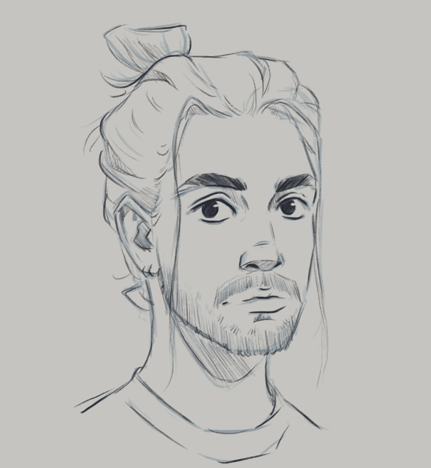 the image is a pencil sketch of a man's portrait. he has long hair tied up in a topknot or bun. his facial features are welldefined, showing a serious or thoughtful expression. he has a beard and stubble, adding texture to his face. the style is realistic, capturing the details of his hair, skin, and facial hair. the overall tone is grayscale, giving a classic sketch feel.  the drawing is focused on the face and upper torso.
