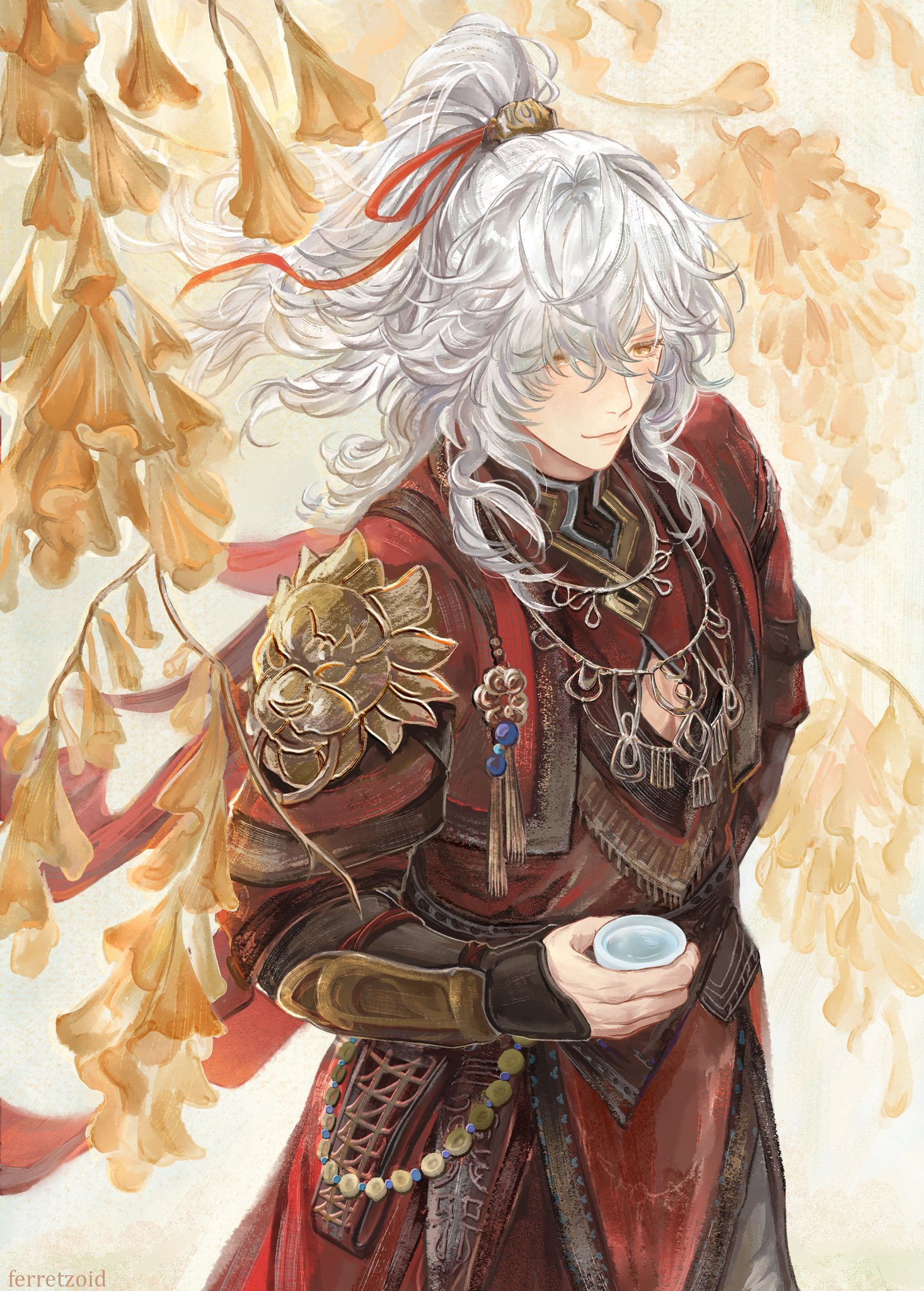 a handsome anime character with long white hair tied in a ponytail, dressed in a traditional red chinese or japanese outfit with gold accents and intricate jewelry. the character is holding a small cup and is surrounded by flowers in the background. the illustration is done in a digital art style and has a soft, delicate feel.