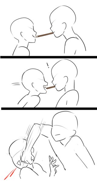 the image is a sketch of three different couple poses. the first pose is of two people sharing a stick of food, the second pose is of two people sharing a stick of food with a surprised expression, and the third pose is of a couple hugging. the image is drawn in black and white, and the lines are thin. the image is simple but cute, and it conveys a sense of intimacy and affection.