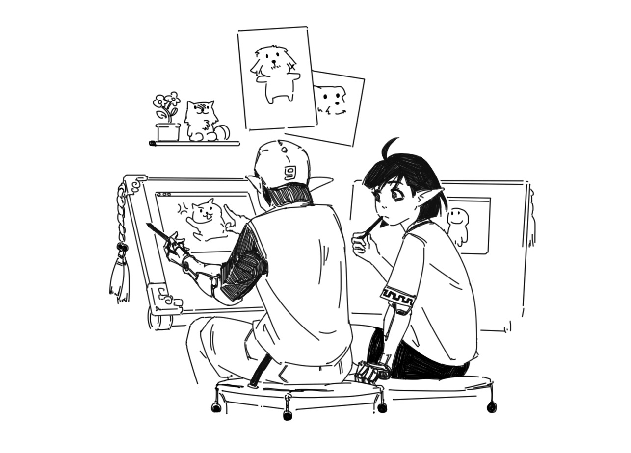 a black and white illustration of two individuals, possibly friends or collaborators, working on art together. one is using a digital drawing tablet, while the other seems to be sketching traditionally. they are surrounded by drawings and artwork of cats and dogs, and some decorative elements like plants. the style of the drawing is reminiscent of anime or manga. the overall feel is lighthearted and creative.