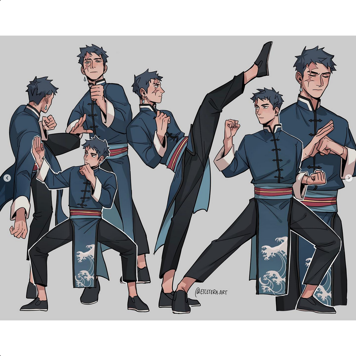 a digital drawing of a male character wearing a stylized blue tang suit with a wave pattern on the bottom. he is depicted in a variety of dynamic kung fu poses, showcasing kicks, punches and blocks. the background is a plain light grey. the style is line art with flat colors and soft shading.