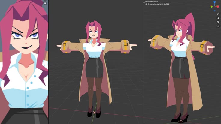 the image shows a 3d model of a female cartoon character with pink hair pulled back in a ponytail. she is wearing a light blue buttondown shirt, a black skirt, and a long beige trench coat. the model is presented in three different views: a closeup of the head and torso, a fullbody view facing forward, and a fullbody view from the side. the character appears to be rendered in a lowpolygon style.
