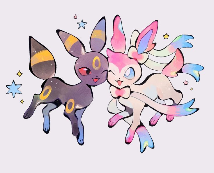 a cute, anime style illustration of two pokemon, umbreon and sylveon, standing side by side. umbreon, a dark and mysterious creature with black fur, is looking to the right and smiling. sylveon, a pink and light creature, is smiling and winking to the right as well. the two pokemon are surrounded by stars and sparkle. they appear to be friends or close to each other.