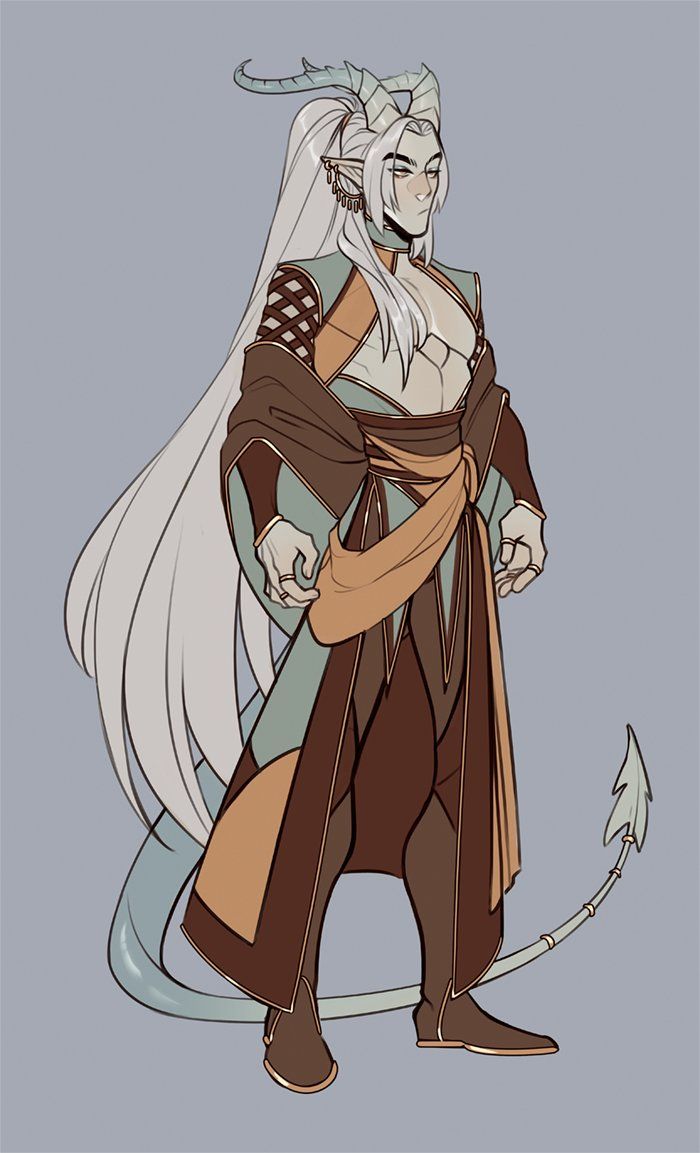 a digital illustration of a fantasy character. the character is a male humanoid demon with white hair, horns, a tail and blue eyes. he is wearing a long robe over a tunic and pants, with brown and orange accents. he has a long white hair, long blue tail, and a pair of  horns on his head. the character is standing in a casual pose. he is looking to the right of the frame. the illustration is in a anime/manga style.