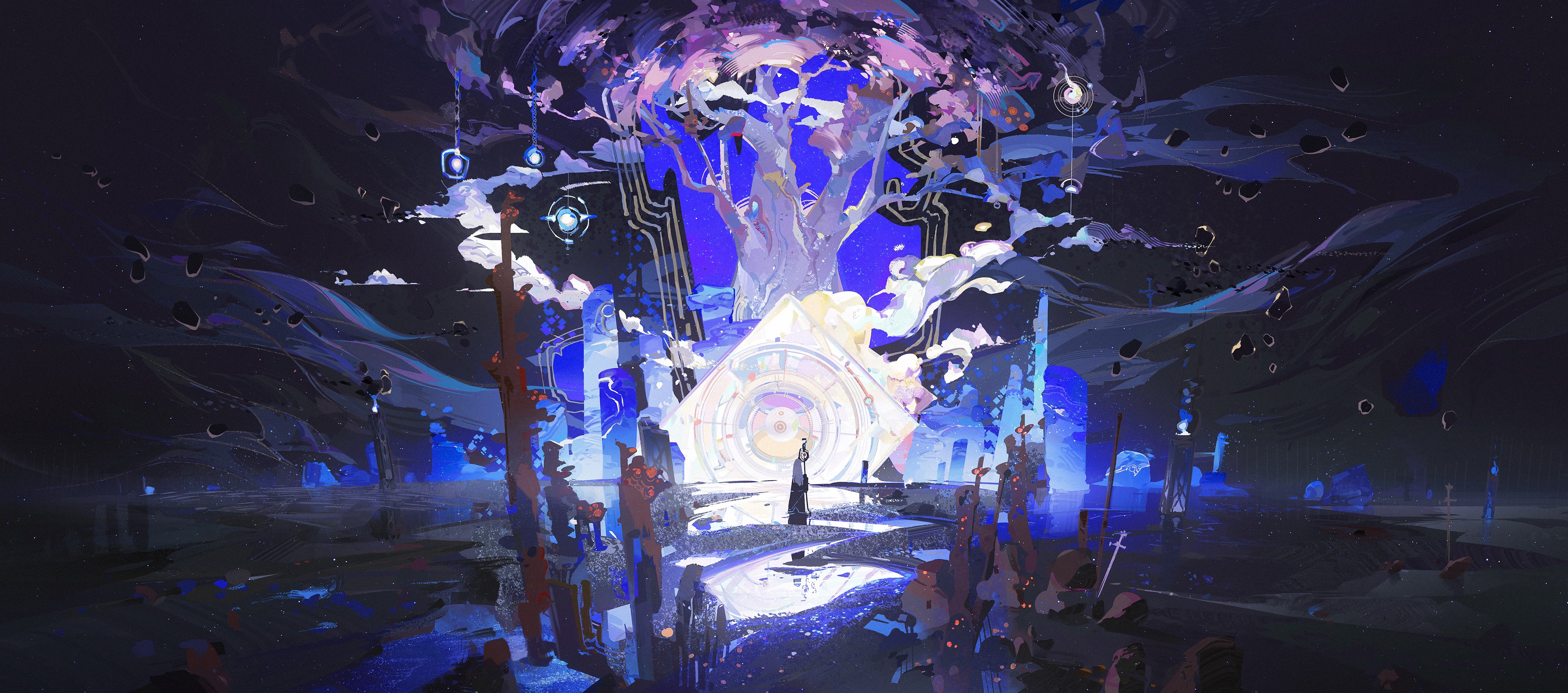 the image depicts a mystical scene at night, dominated by a giant, glowing tree in the center. its branches reach towards the top of the frame, while glowing roots descend to the ground, intertwining with ancientlooking ruins. a bright, circular doorway, possibly a portal, is positioned at the base of the tree, emanating a brilliant white light. a lone figure stands on a path leading towards this portal, their back to the viewer.  the overall atmosphere is mystical and ethereal, suggesting a place of power and magic.