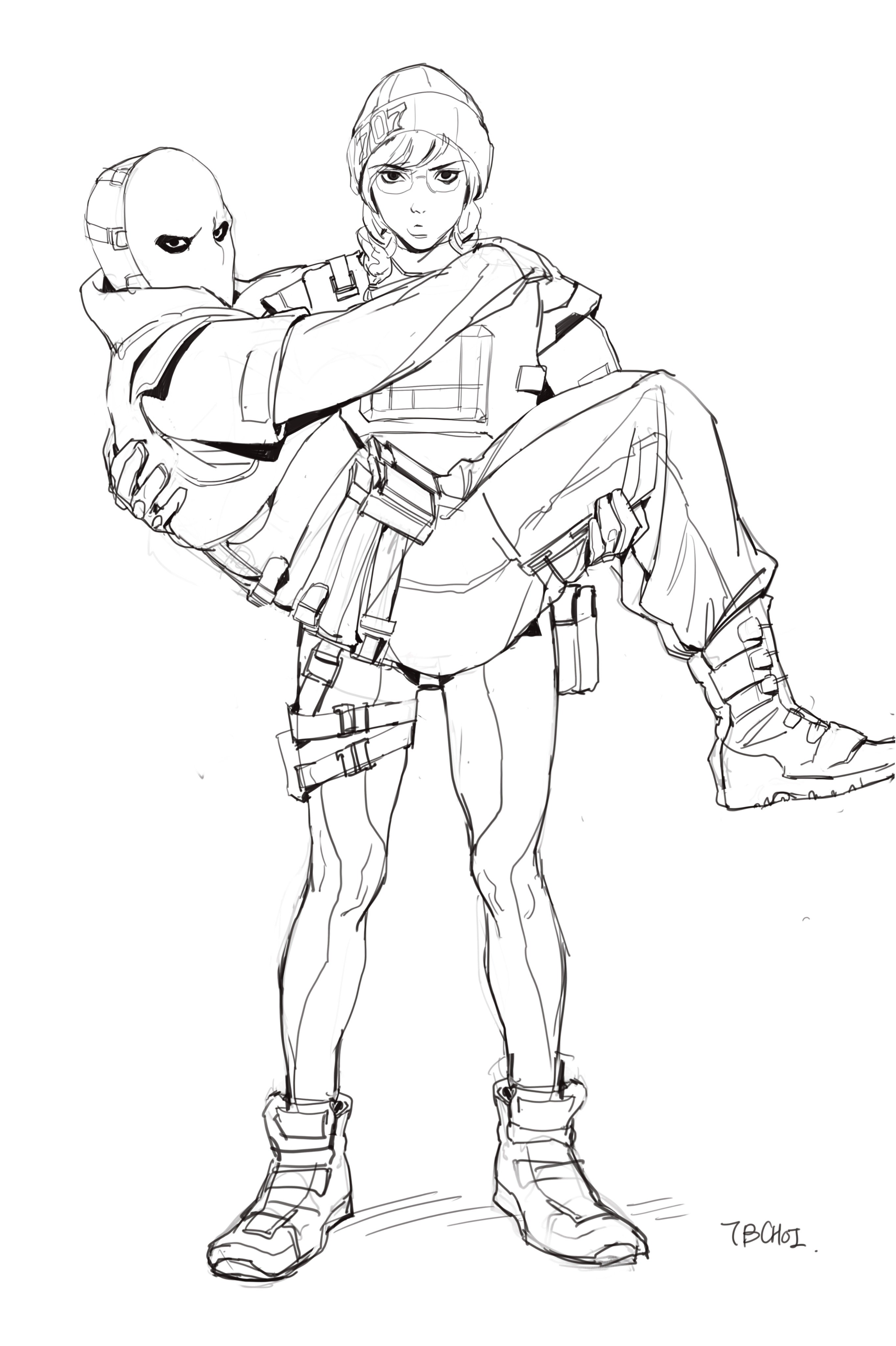 a line drawing of a woman in military gear carrying an injured man. the woman is wearing a beanie and has her arms around the man, who is unconscious or incapacitated. the style is reminiscent of anime or manga. the drawing is detailed and expressive, showing the strength and determination of the woman.