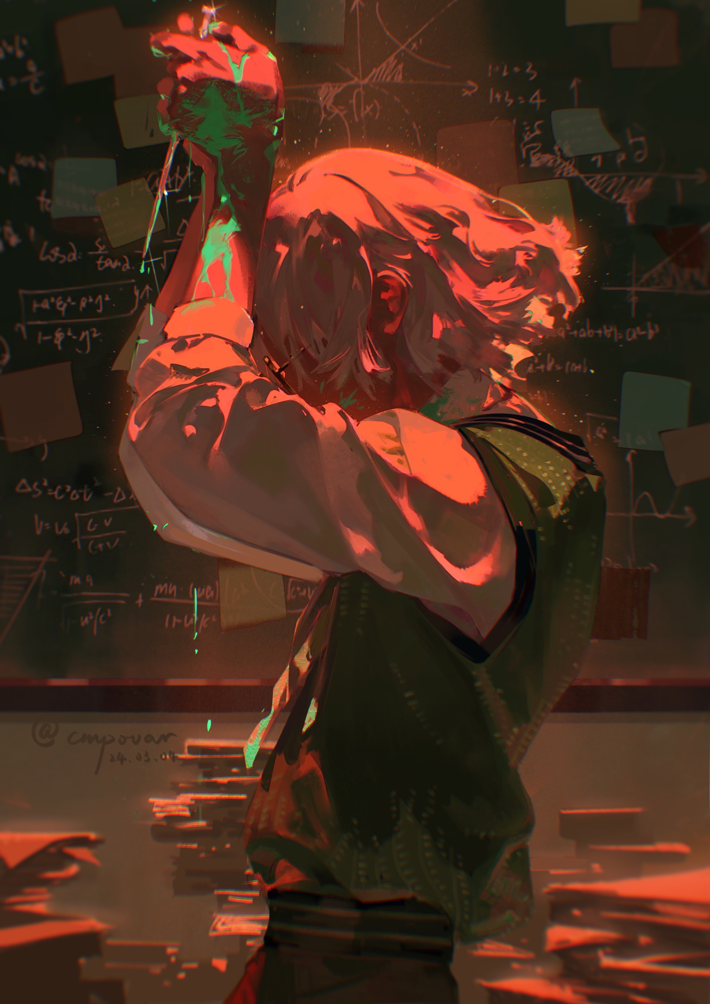 the image depicts a young man intensely focused on a scientific experiment in a dimly lit classroom or laboratory. he's holding a vial filled with a glowing green liquid, his face partially obscured by his posture and the dramatic lighting. the scene is bathed in a red glow, highlighting the subject and the scattered papers and formulas on the blackboard behind him. the overall atmosphere evokes a sense of intense concentration and dedication to scientific pursuit.