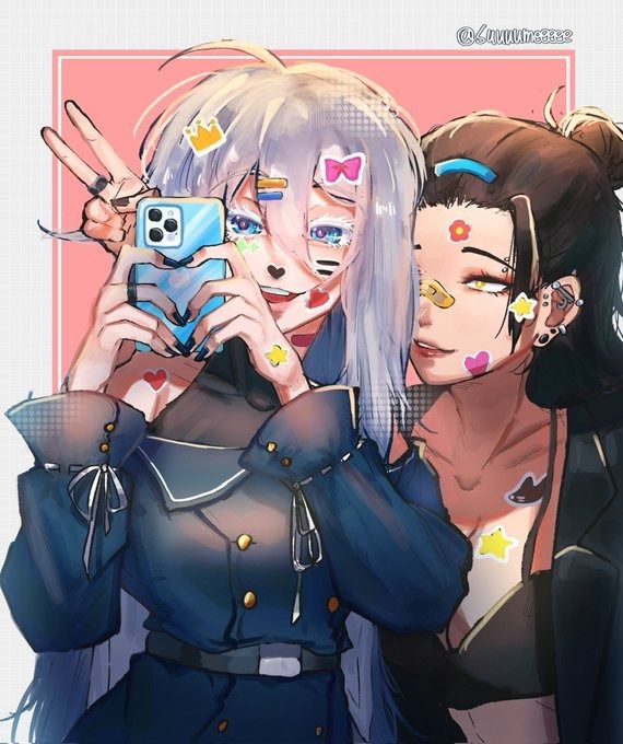 the image is a digital drawing of two animestyle girls taking a selfie with a smartphone. one girl has long, silver hair and is wearing a dark blue uniform with sailorstyle collar. the other girl has shorter brown hair tied in a bun and is wearing dark clothing.  both girls have playful stickers and bandages on their faces, adding a cute and slightly mischievous vibe. the overall style is colorful and aesthetic, characteristic of fanart. the closeup perspective emphasizes the girls' expressions and details in their clothing and accessories. they appear to be close friends, enjoying a fun moment together.