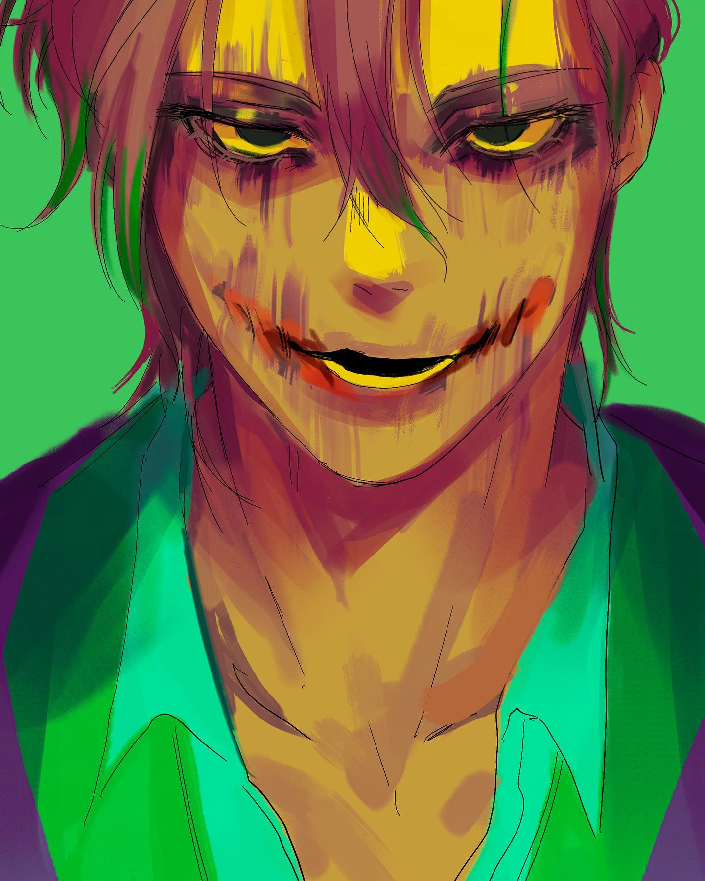the image is a digital painting of a man with a disturbing, exaggerated smile.  his eyes are wide and have yellow sclera, contributing to the unsettling look. there appears to be blood smeared around his mouth. he wears a teal shirt and a dark, possibly purple, jacket. the style is expressive and uses a vibrant color palette with strong contrasts.