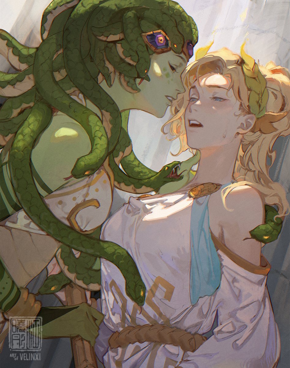 the image shows a depiction of medusa with her head of snakes embracing a fairskinned man. medusa's snakes encircle the man, who appears terrified. medusa is adorned with a crown and has a greenish complexion, while the man wears a white dress and a laurel crown. the art style is reminiscent of illustrations inspired by greek mythology.