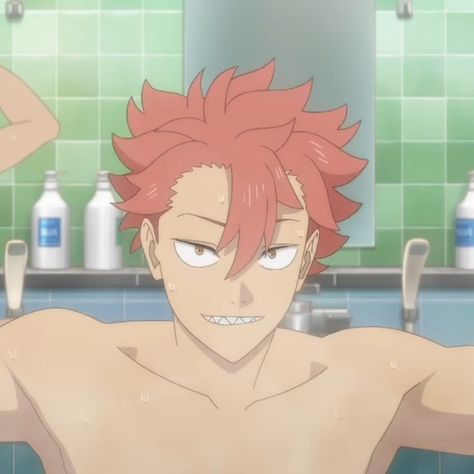 this is a closeup illustration of a young, muscular man with spiky red hair. he has a mischievous smirk and sharp teeth. the setting appears to be a public bathroom or locker room, as indicated by the green tiles and shower heads in the background. the lighting is soft, highlighting his toned physique.
