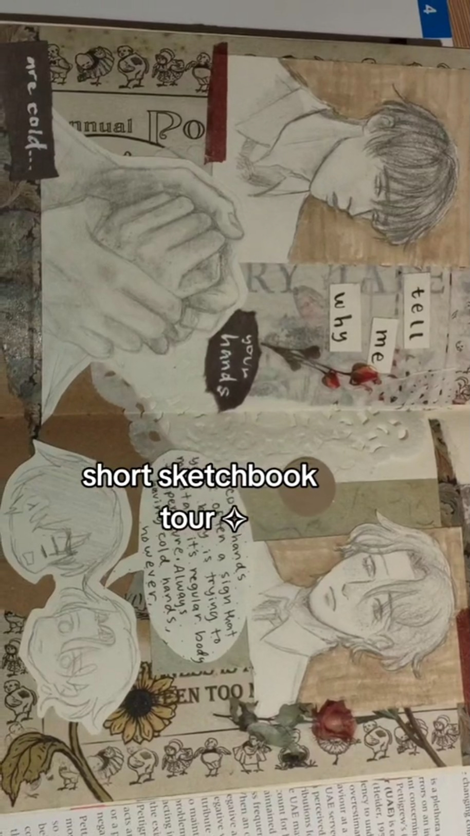 the image shows two open pages of an art sketchbook. the pages feature a collage of drawings, patterned paper scraps, and text snippets. the dominant theme revolves around two illustrated male characters, with a focus on their hands and a romantic undertone. one character has consistently cold hands, which seems to be a point of interest and potential symbolism within the narrative hinted at.