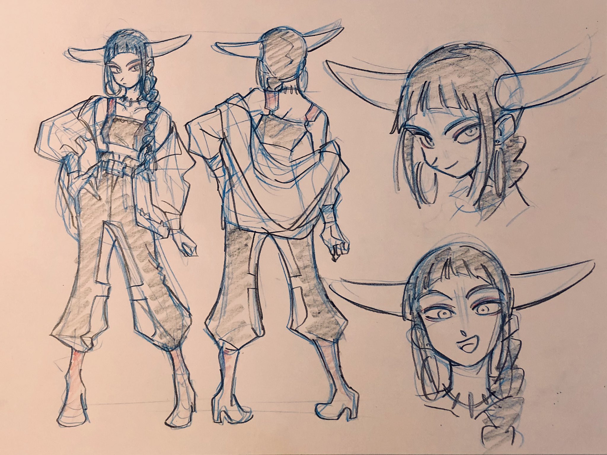 this image showcases several sketches of the same female character with large horns, drawn in an anime/manga style. the drawings focus on different angles and expressions of the character, who is depicted in a stylish outfit featuring a crop top, baggy pants with cargo pockets, platform shoes, a jacket, and large earrings.  the sketches are in various stages of completion, with some lines being more defined than others. the overall aesthetic leans towards a modern, edgy look with a touch of fantasy due to the horns.