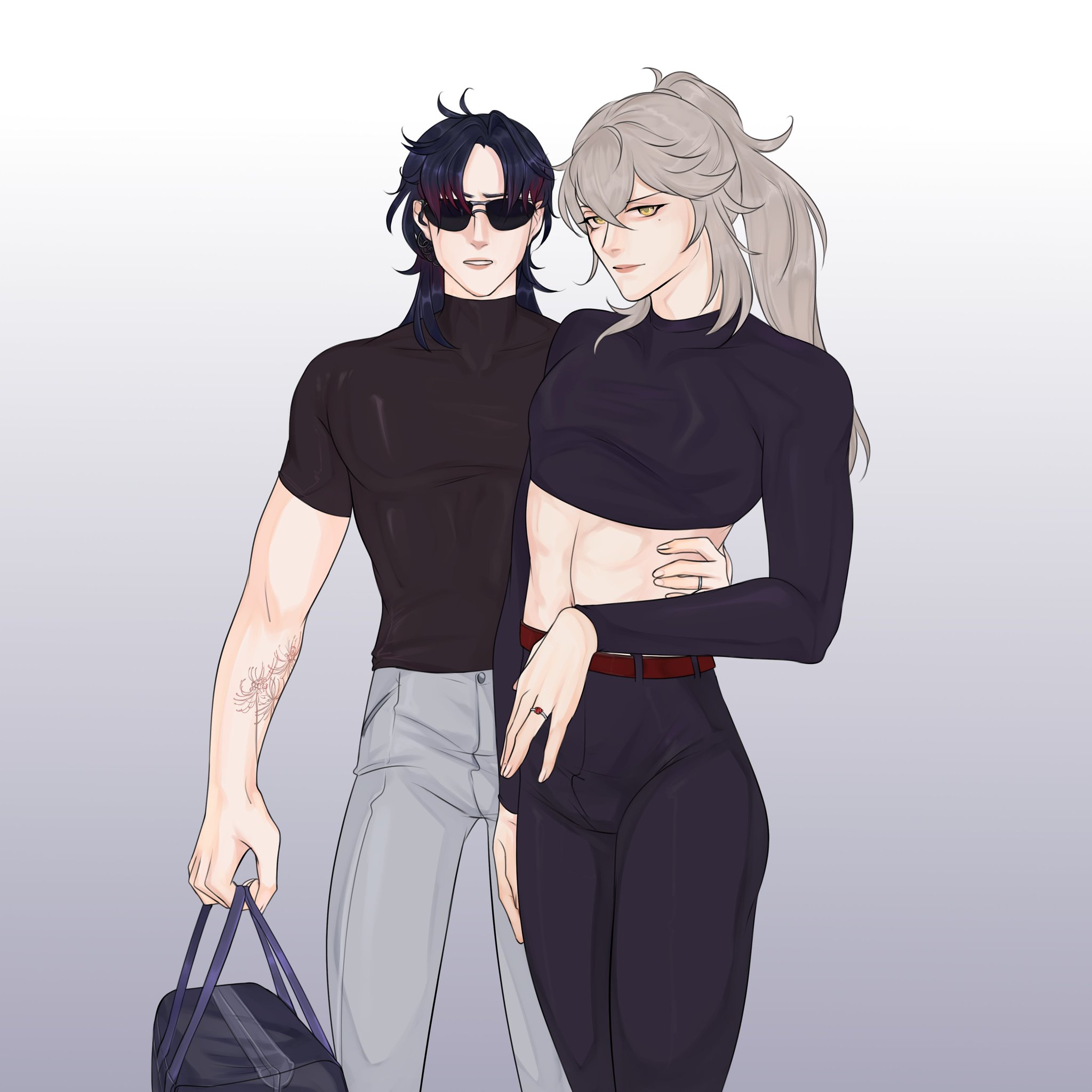 an illustration of an anime couple dressed in stylish casual clothing. the male is wearing a black turtleneck, gray pants, sunglasses, and holding a blue bag. the female is wearing a black crop top, black pants, and has long white hair. they are both smiling and seem happy.
