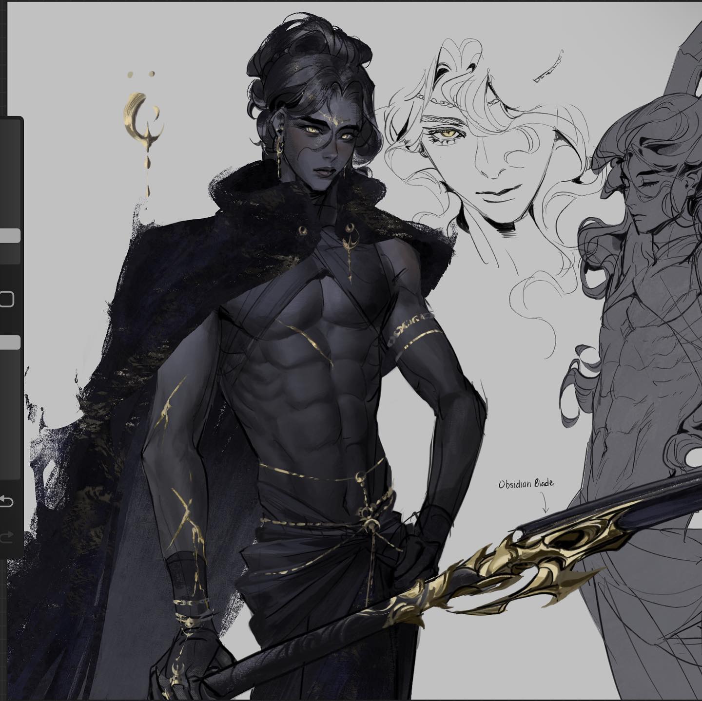 this digital illustration depicts a male fantasy character, standing with one hand on the hilt of a goldtrimmed obsidian blade. the character is muscular and has a dark complexion, with golden trim around the edge of his black cloak and his long black hair pulled back into a loose bun. he has striking amber eyes and is dressed in a black robe with a golden belt. his body is adorned with lines of golden symbols and patterns. in the background, there are two other characters drawn in a more sketchlike style. one is a woman with long, flowing hair, and the other is a man with a muscular torso.