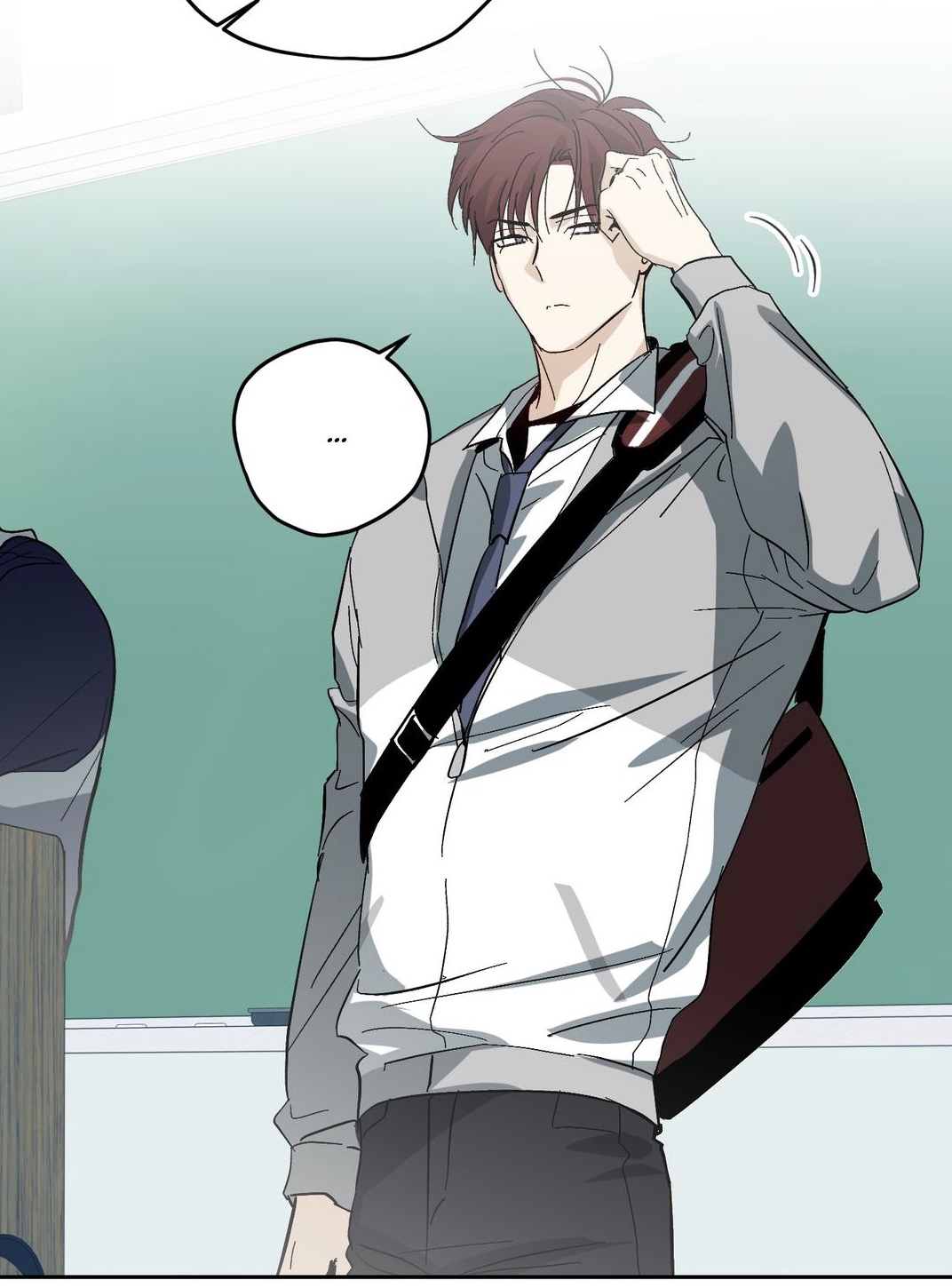 the image is a mangastyle illustration of a young man, possibly a high school student, standing in a classroom. he has reddishbrown hair and is wearing a light grey zipup jacket, a darkcolored bag slung over his shoulder, and a dark tie. he's touching his hair with his hand and appears to be deep in thought or feeling slightly worried. the background is a simple, pale green chalkboard.  the style is clean and slightly sketchy, typical of webtoons or graphic novels.  part of another person's dark clothing is visible in the lower left corner.