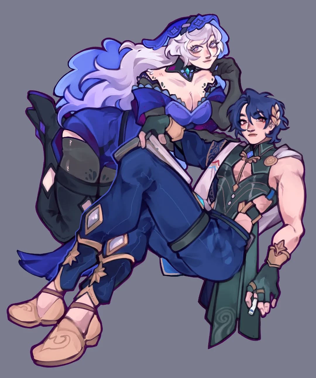 this is a digital fanart depicting ganyu and xiao from the popular video game genshin impact. the artwork showcases a romantic and intimate portrayal of the two characters, with ganyu sitting while xiao rests against her, holding her close. both characters are depicted in their signature attire with detailed elements and elegant designs.  the color scheme is dominated by shades of blue and purple, complemented by ganyu’s white hair and xiao’s dark hair.  the style is consistent with anime and manga aesthetics, displaying dynamic poses and expressive character designs. the overall image suggests a close and affectionate relationship between the two.