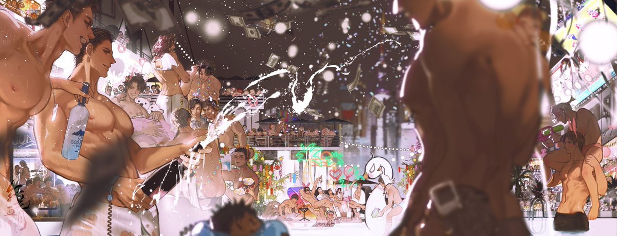 the image depicts a lively party scene at a beach house at night. numerous men are celebrating, with some spraying champagne and throwing money in the air. the atmosphere is exuberant and hedonistic, suggestive of a lavish celebration. the lighting is bright and artificial, highlighting the festive mood.