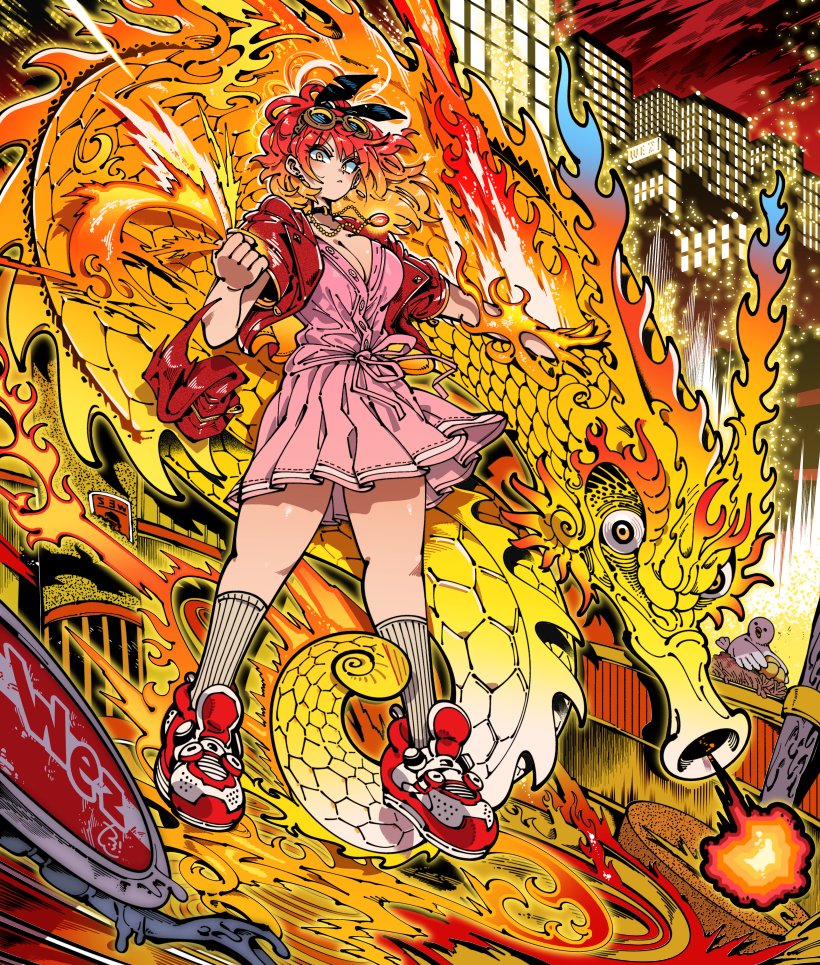 the image is a vibrant and dynamic illustration of an anime girl in a pink dress standing atop a dragon with fire around them. the girl is wearing red shoes and sunglasses and has short, bright red hair. the dragon is a bright gold color with red flames at the edges. the background is a city at night, with bright lights and tall buildings. the image has a comic book style and is full of energy and action.
