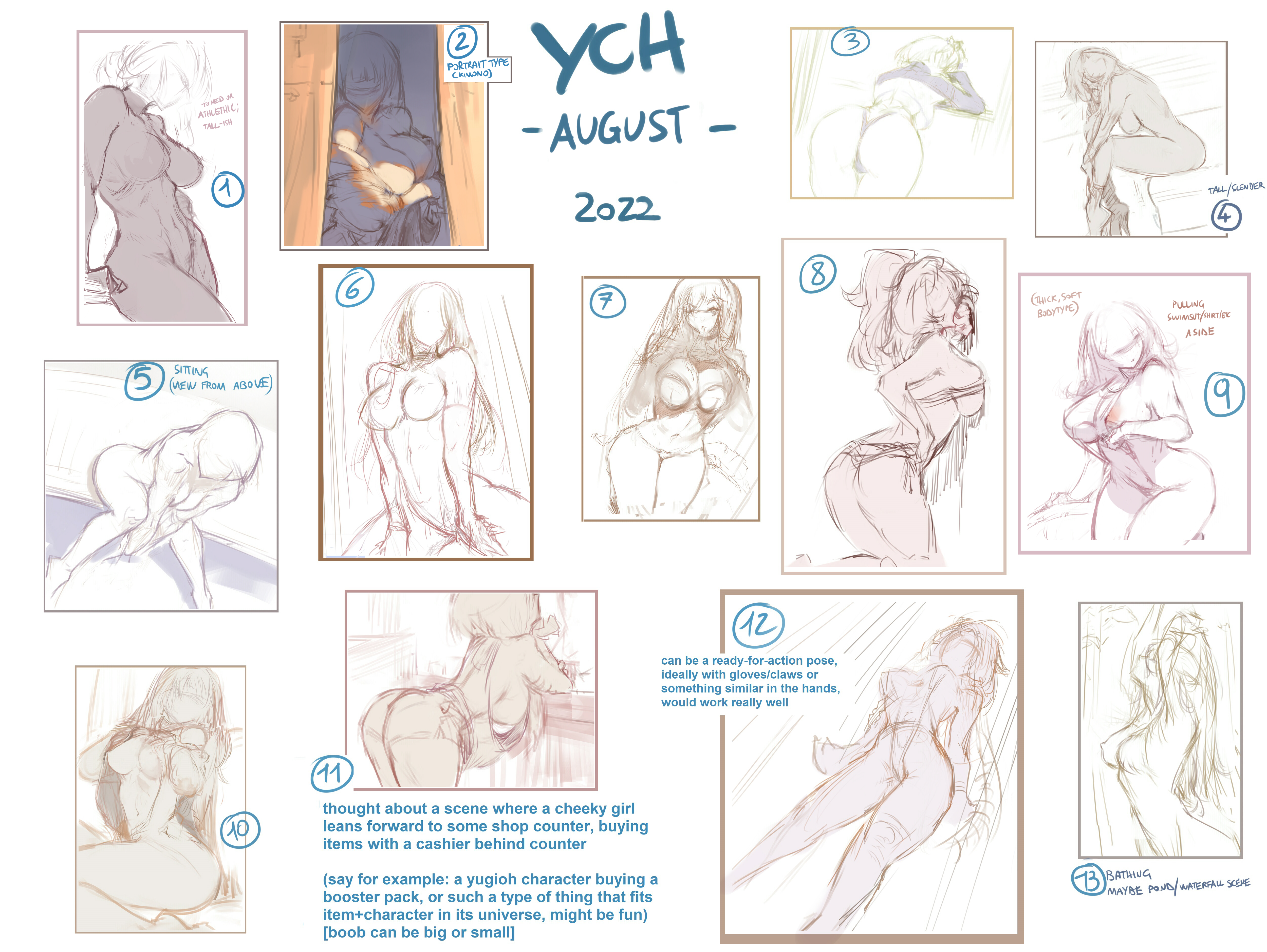 the image is a collection of sketches showing different female characters in various poses. these sketches are part of a "ych" (your character here) offer for august 2022, where people can commission the artist to draw their characters in these poses. each sketch has a number and some have additional descriptions or suggestions for the type of character or scene that would work well. for example, one sketch suggests a "cheeky girl" buying something at a shop counter, while another suggests a character ready for action with gloves or claws.
