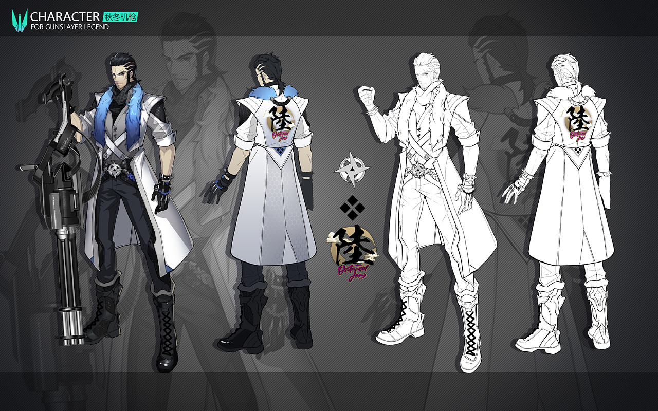 this image is a digital illustration of a character from the game gunslayer legend. the character is a male warrior, wearing a white coat with black accents, black pants, black boots, and carrying a sword and pistol. the character is shown from three different angles, with one angle showing the character from the front, one angle showing the character from the back, and one angle showing the character from the side. the illustration is very detailed and wellexecuted, and it captures the character's powerful and imposing presence.