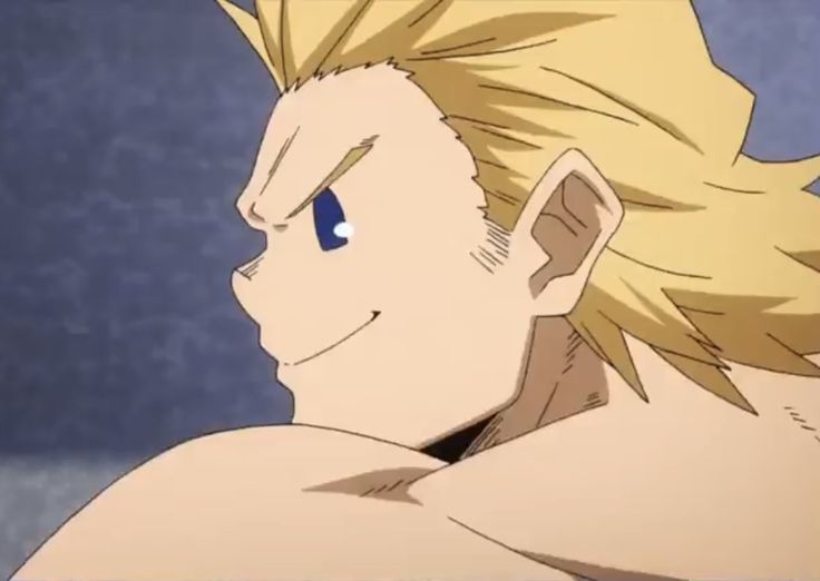 a closeup shot of a male anime character with blond hair and blue eyes. he's smiling and looking away, his side profile is shown. he's muscular and appears to be a strong superhero.