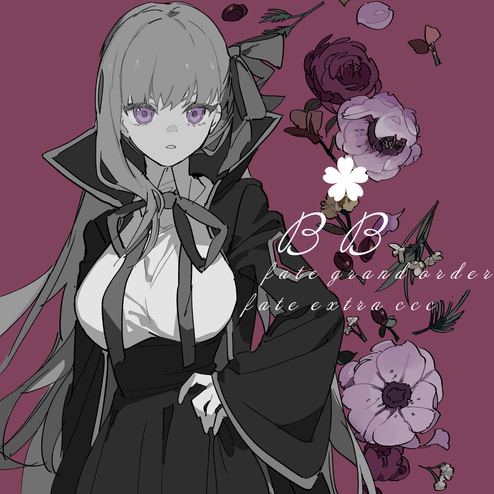 an animestyle image of a female character from "fate grand order" and "fate extra ccc" named bb. she has long grey hair, light purple eyes, and is wearing a black and white dress with a bow. there is a cape and large collar around her neck. the background is a dark red color with various flowers and foliage surrounding her, along with white text stating "bb fate grand order fate extra ccc".