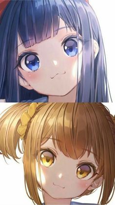 the image features two animestyle female characters. the top character has dark blue hair, bright blue eyes and is wearing a blue and white top. the bottom character has light brown hair styled in pigtails, golden eyes, and is wearing a white top. both are depicted from the shoulders up with slight smiles and rosy cheeks, suggesting a cheerful mood.  the soft lighting and closeup perspective emphasize their youthful and appealing features.