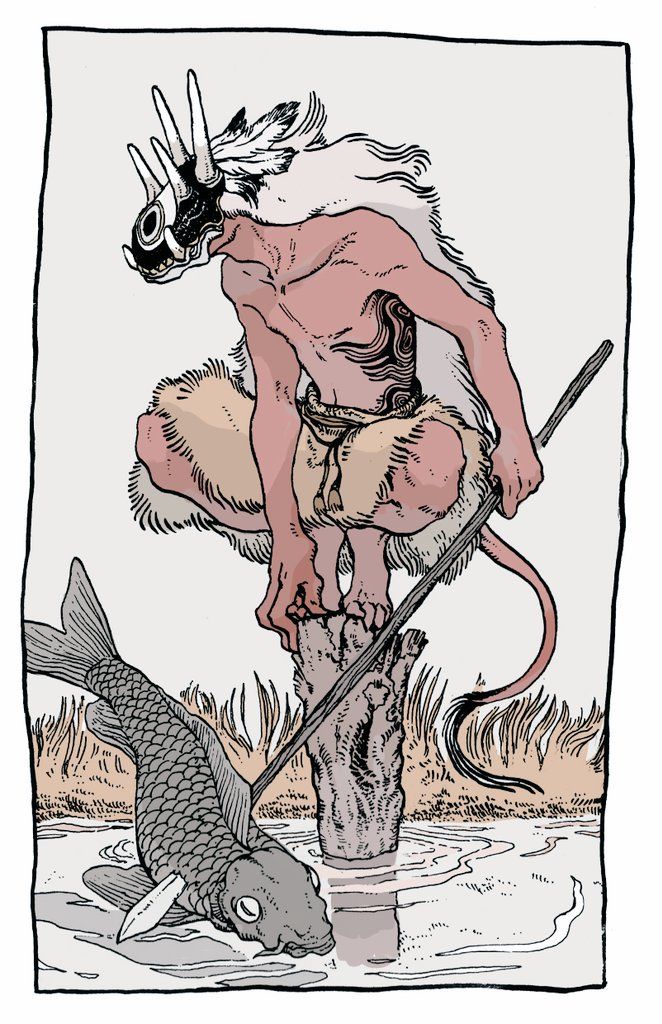 a black and white handdrawn illustration of a mythical creature with a large mask on its face and horns on its head. the creature is depicted sitting on a branch over a river and is holding a spear that has a fish impaled on it.
