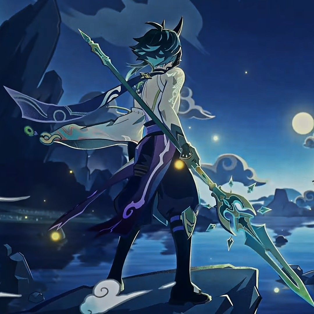 this is an image of xiao, a playable character in the video game genshin impact. he is a  5star polearm user and is one of the main protagonists in the game's liyue region. in the image, he is standing on a rocky outcrop overlooking a body of water. he is holding his signature weapon, the polearm "jade spear," in front of him and his back is to the viewer. the sky is dark blue and is filled with clouds and stars, and a bright moon shines in the background.