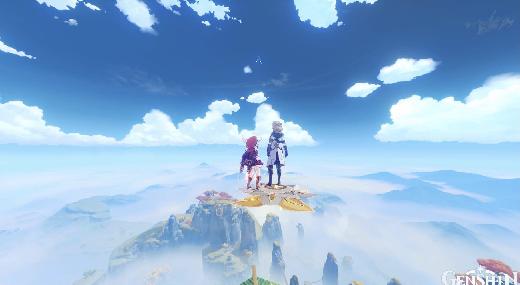 the image shows a serene and breathtaking view of a sky filled with clouds, with two characters from the video game genshin impact standing on a floating platform above a vast mountain range. the sky is a vibrant blue, and fluffy white clouds drift leisurely across it. below, the mountains are shrouded in a hazy fog, giving the scene a dreamlike atmosphere. the platform is made of a shimmering golden material, and the two characters are looking out over the landscape, giving the impression of awe and wonder. the overall image evokes a sense of peace, freedom, and adventure, reflecting the gameplay of genshin impact, where players explore a vast world filled with mystery and wonder.