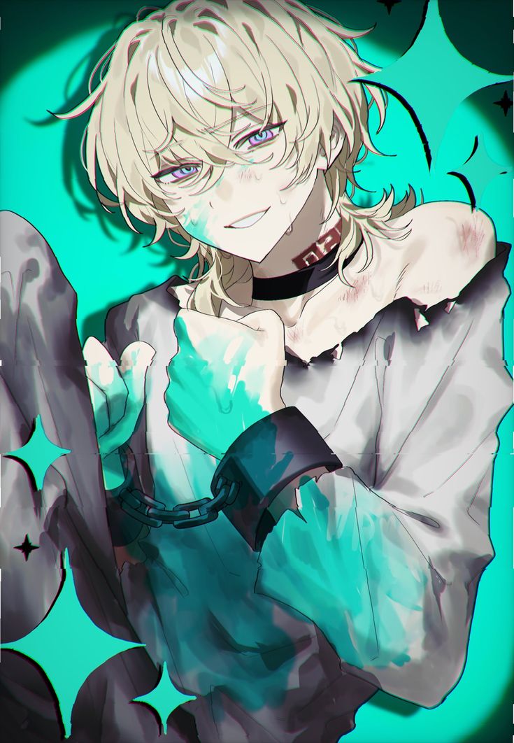 the image is a digital drawing or painting of an animestyle young man with blond hair, purple eyes, and a mischievous smirk.  he's wearing a ripped, lightgrey, longsleeved shirt and a black choker. his hands are cuffed together with darkcolored metal cuffs connected by a chain. his clothing and hands are splashed with bright teal or cyan paint. he has visible scars or wounds on his shoulders and neck.  the background is a vibrant teal/cyan with stylized starbursts. the overall style is stylized and dramatic. the character's expression and the cuffs suggest a sense of confinement or captivity, possibly within a fantastical or surreal setting.