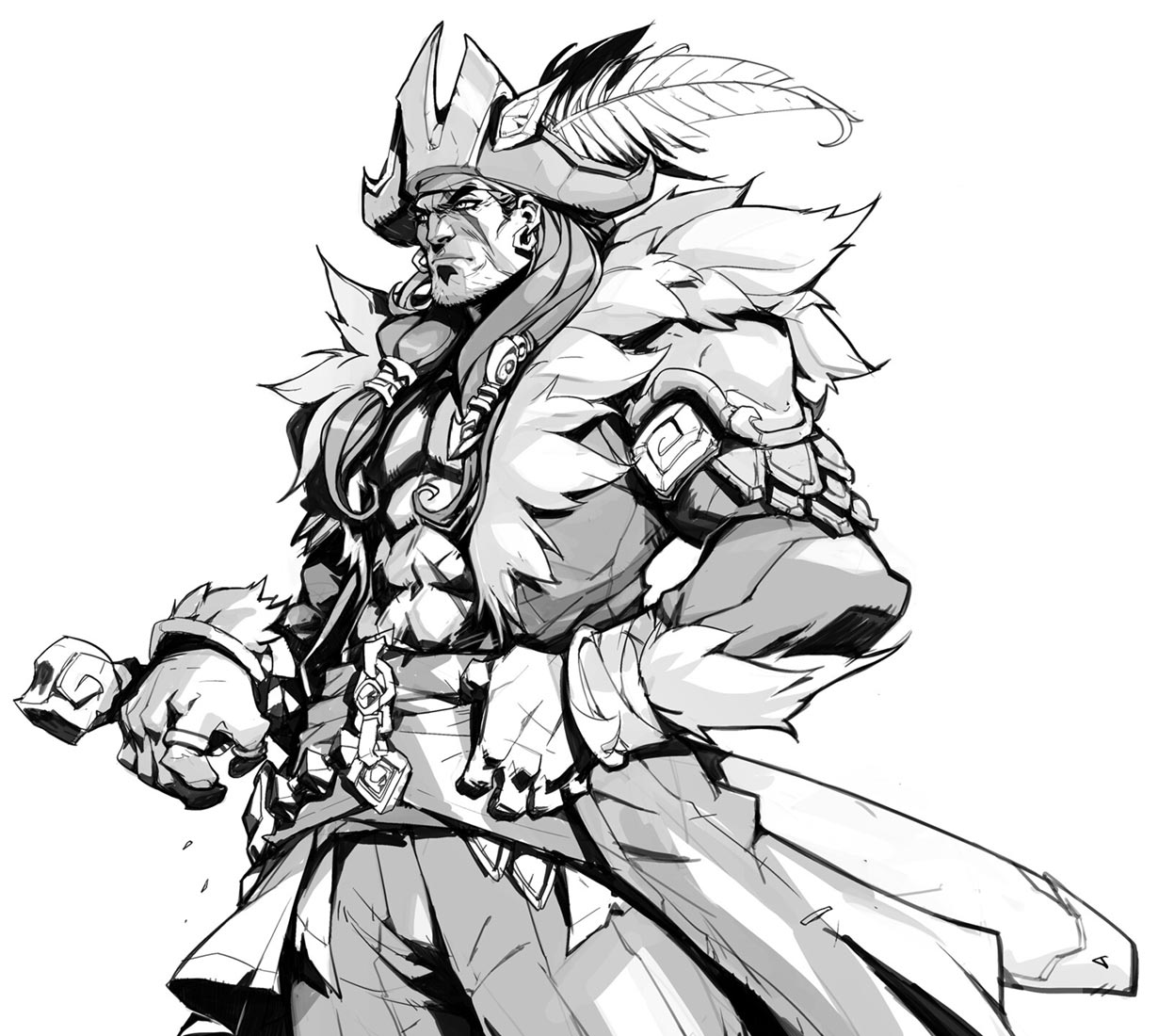 this is a black and white drawing of a fantasy pirate character. he is a large, muscular man with a long beard and a feathered hat. he wears a thick fur coat and is holding a sword. the drawing is done in a dynamic style, with a lot of movement and energy.