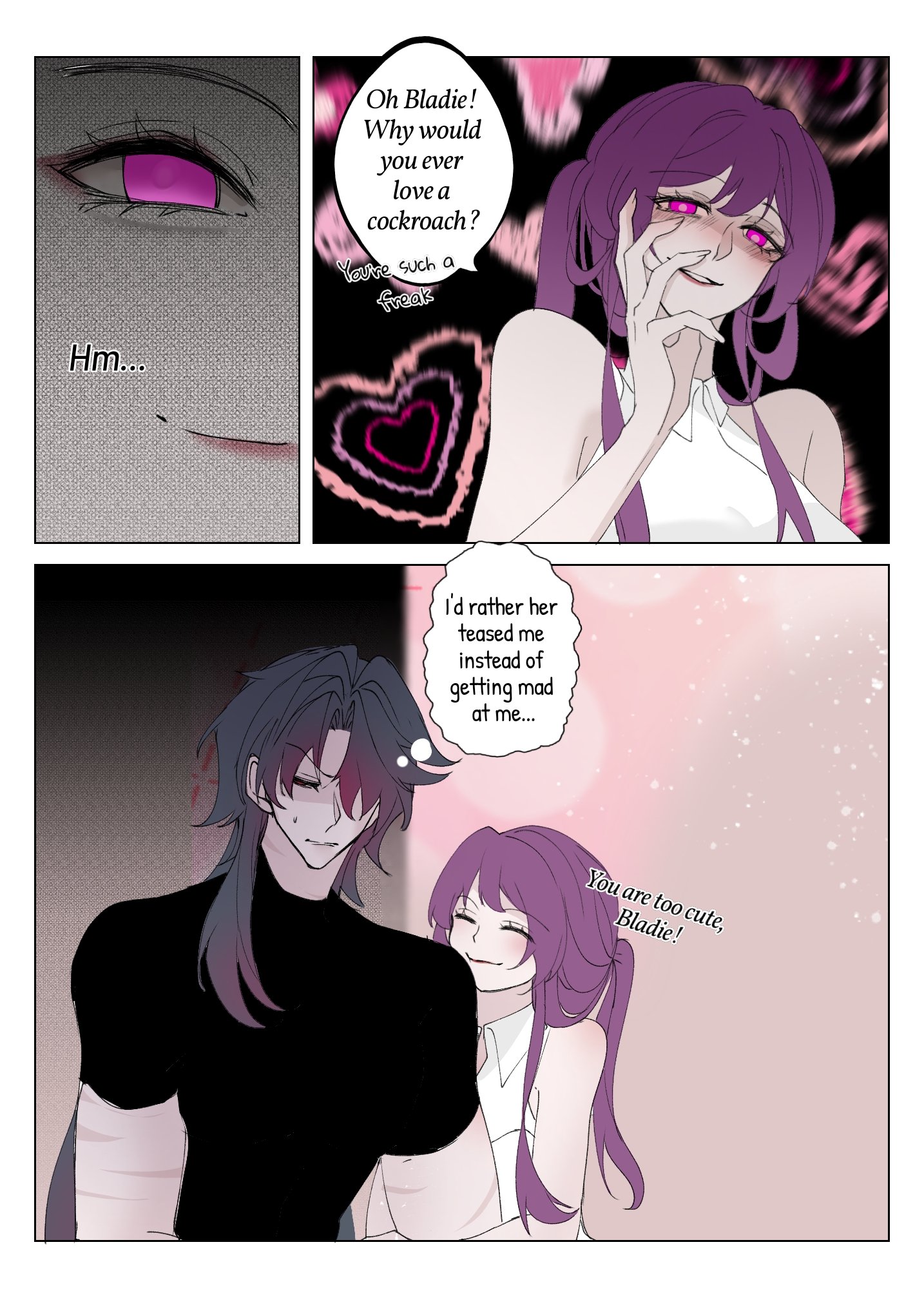 the image is from a manga or anime comic. it depicts a conversation between two characters. the male character is wearing a black shirt and has black hair. the female character is wearing a white shirt and has purple hair. the man appears to be jealous of the woman's affection for a cockroach.