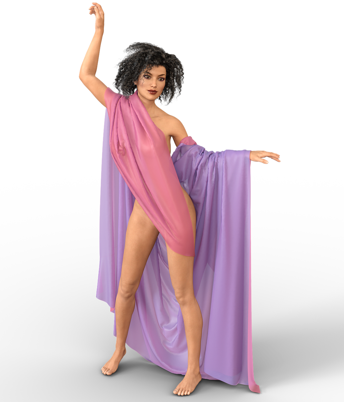 a woman is standing barefoot against a black background, wearing a flowing purple and pink dress. she is posed with one arm raised and the other extended to the side.
