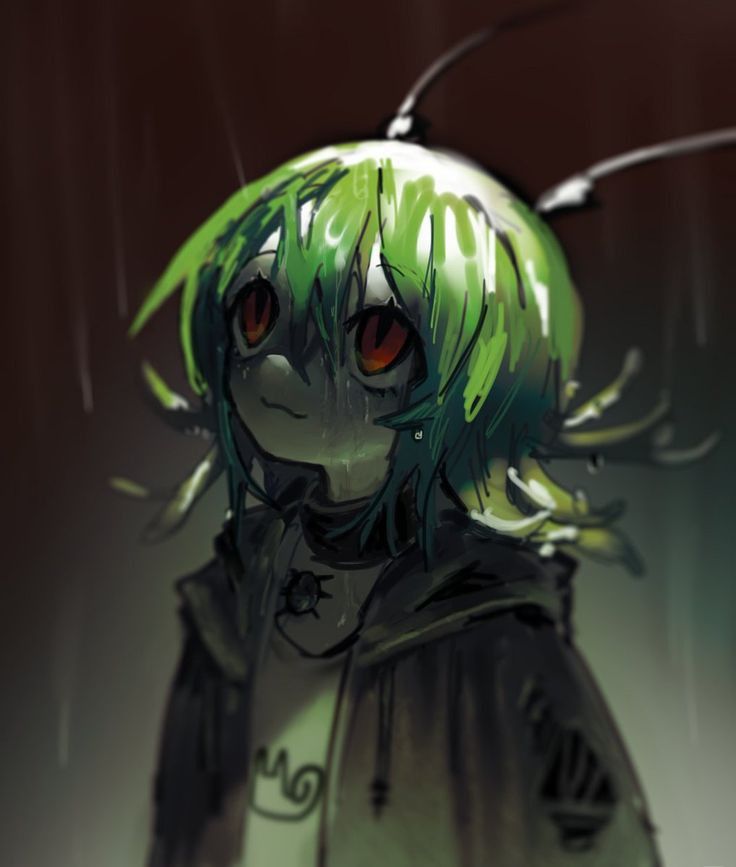 a digital painting of an animestyle girl with bright green hair and insectlike antennae. she appears to be wet from rain, and her expression is somewhat sad or melancholic. the overall mood of the piece is dark and mysterious. she's wearing a darkcolored hooded jacket. the style is loose and painterly, with visible brushstrokes and a focus on atmosphere and emotion rather than precise detail.