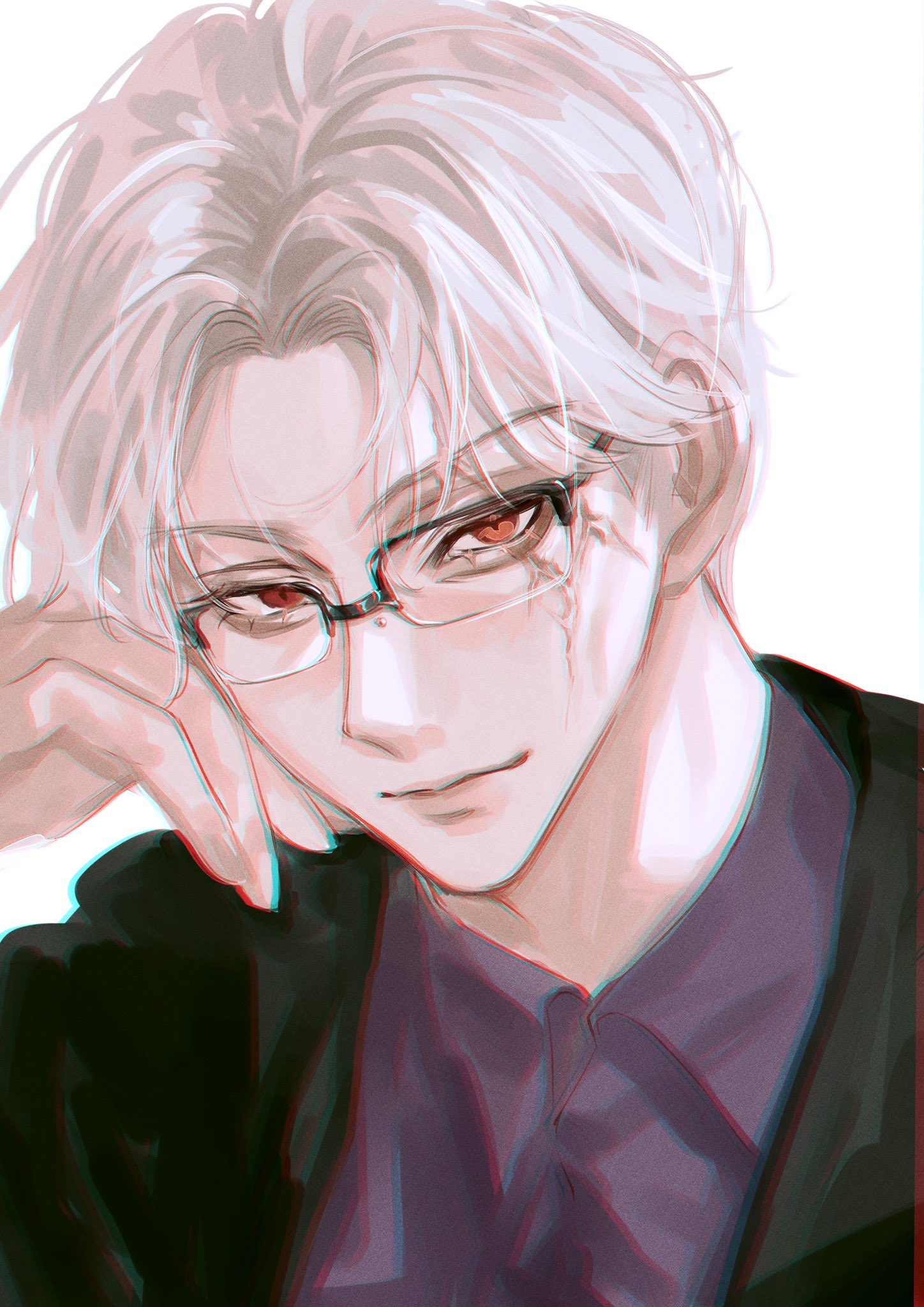 a digital illustration of an anime boy with white hair, wearing glasses, a suit jacket, and a purple shirt. he is smiling and looking directly at the viewer. the background is a white solid color. the illustration has a cool, stylish aesthetic.