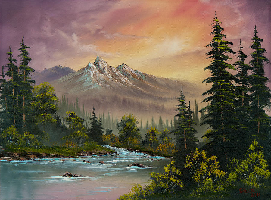 the painting depicts a serene landscape with a majestic mountain range in the background. the mountains are partially covered in snow, indicating their towering height. lush green forests flank both sides of a winding river that flows through the scene. the setting sun casts a warm, golden glow over the entire landscape, creating a peaceful and enchanting ambiance. tall evergreen trees stand prominently in the foreground, their dark silhouettes contrasting against the vibrant hues of the sky. the overall composition evokes a sense of tranquility and the aweinspiring beauty of nature.
