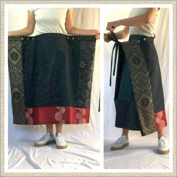 the image shows a beforeandafter comparison of a fabric piece being transformed into a wrap skirt. the left side displays the flat fabric piece, while the right side shows the same fabric made into a wrap skirt with ties. a person is shown wearing the skirt.