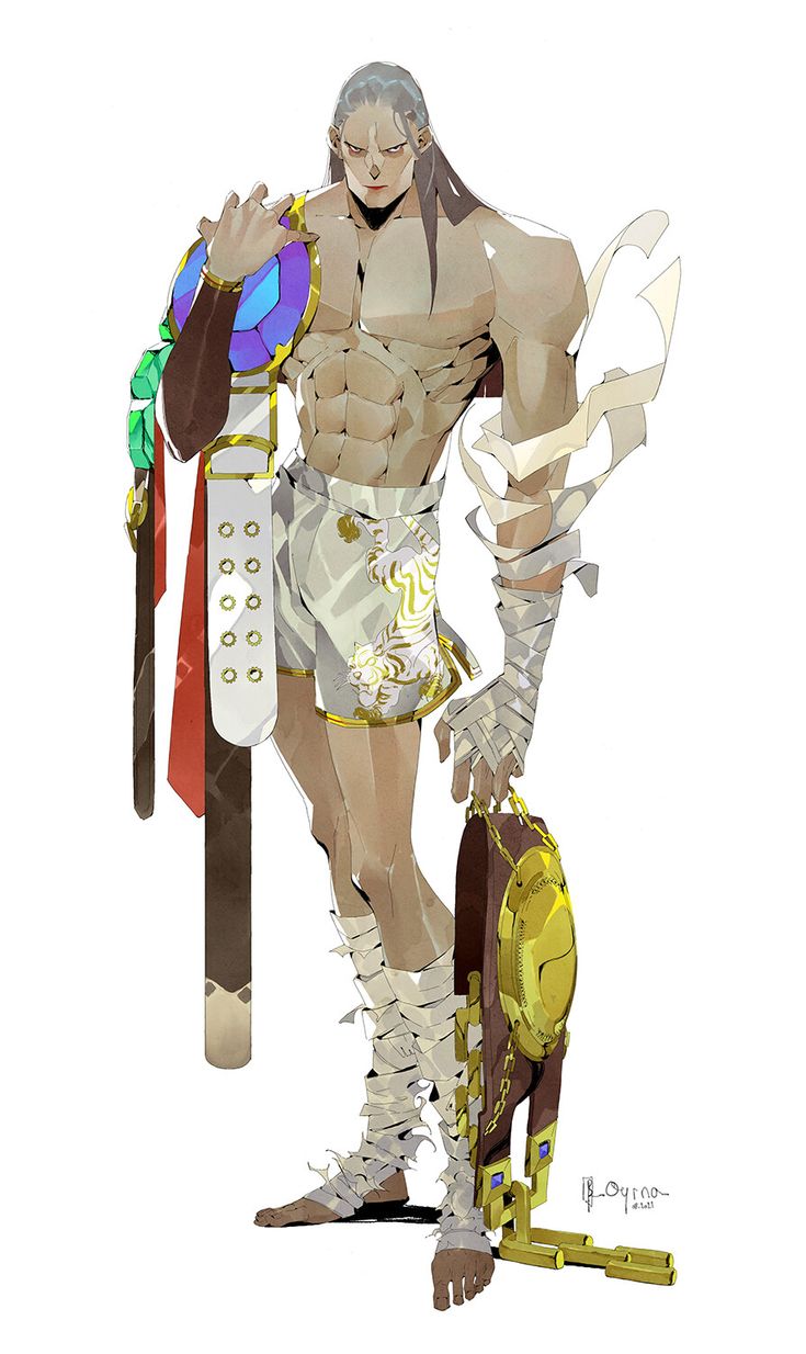 this is an illustration of a muscular man, a fighter, wearing a white belt and white shorts. he is holding a gold belt with a gold trophy in his right hand. he is standing with a serious expression on his face.