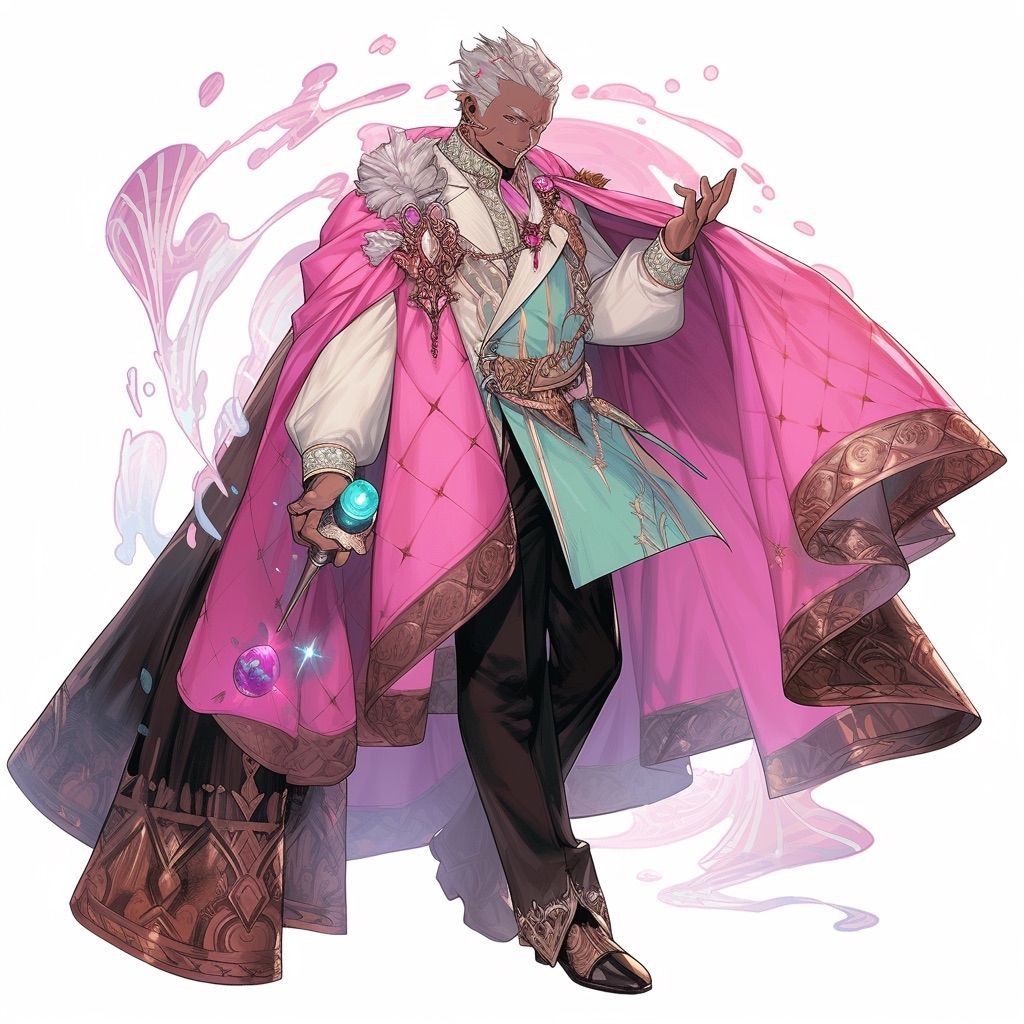 a man with pale skin and white hair pulled back. he wears an elaborate outfit consisting of a white tunic, teal vest with gold details, and a long pink cape with gold and white trim. the cape's clasp features colorful jewels. he holds a staff with glowing orbs in his right hand. the man is posed against a white background with swirling pink smoke.