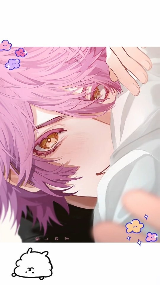 the image is a stylized digital drawing or illustration of an anime or manga boy. he has long, flowing pink and purple hair, striking golden eyes, and a gentle expression. he's partially lying down, with his hand visible in the foreground, and is wearing lightcolored clothing. the art style is soft and dreamy with added decorative elements like small cartoon clouds and stars, giving it a kawaii aesthetic. the overall impression is one of sweetness and gentleness.