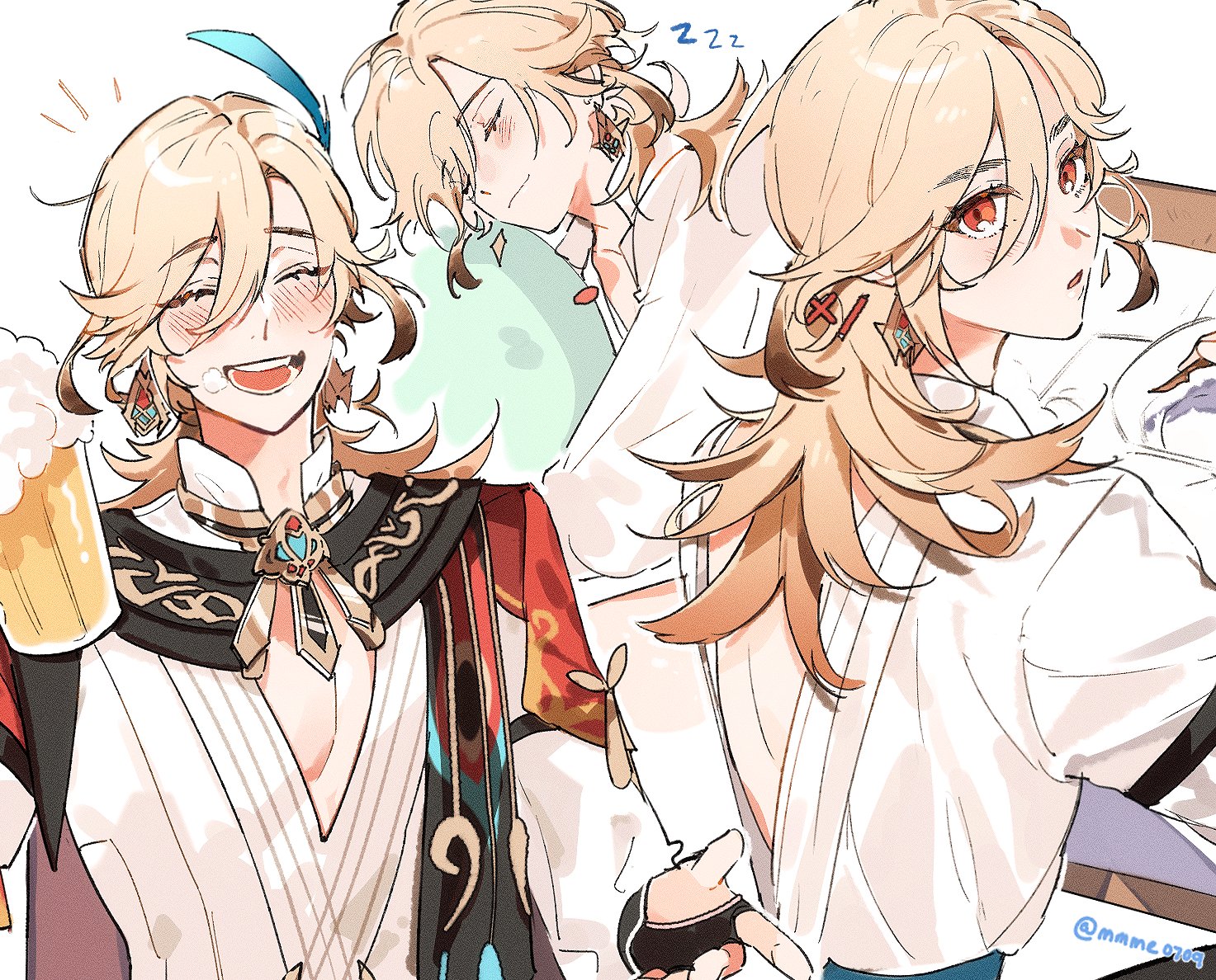 an anime illustration of a male character with blonde hair and white shirt drinking a beer.  he is smiling happily. the character is drawn in a cartoon style, with exaggerated features and bright colors.  in the background, there is another version of the same character, sleeping in a white shirt. the overall image is lighthearted and fun, with a focus on the character's enjoyment of life.
