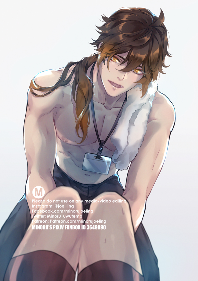 this is a digital illustration of a young anime boy with brown hair and gold eyes. he is smiling and looking at the viewer while wearing a white towel around his neck and black shorts. his shirt is off, and his arms are partially covering his body. the background is white.