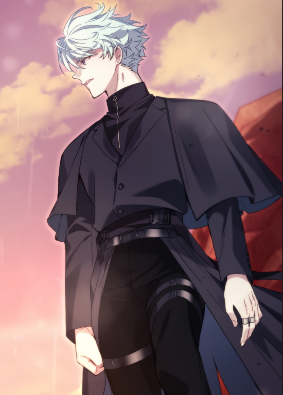 a young man with silver hair and a determined expression stands against a dramatic sunset. he wears a black outfit with a long coat and multiple belts, giving him a strong and imposing presence. the overall style of the image suggests an action or fantasy genre.