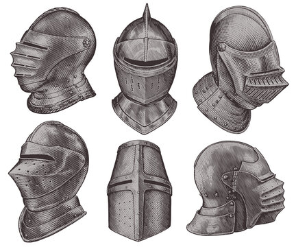 the image showcases a collection of six intricately detailed medieval helmets, rendered in a style evocative of old engravings. each helmet, crafted from metal, represents a distinct design from the era.